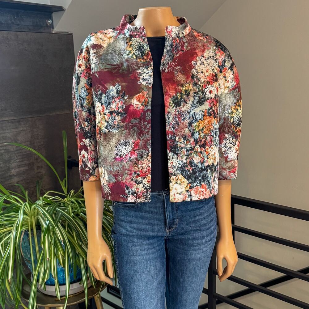 Vintage Blue Les Copains Jacquard Crop Floral Evening Jacket, Size US 8 / M / 44